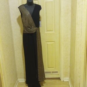 Tahari ASL Black and Gold Jumpsuit with Asymmetrical Metallic Design